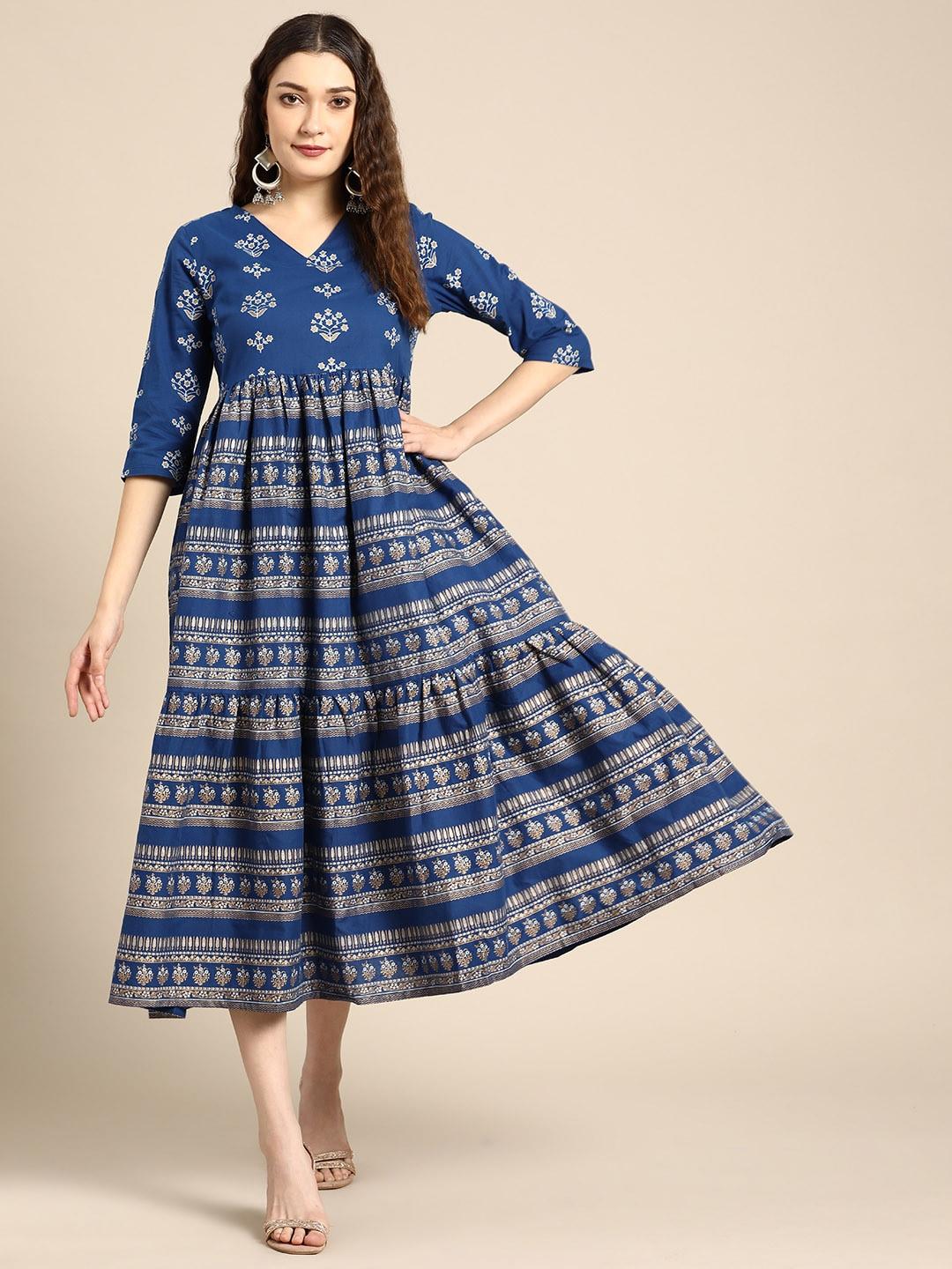 Sangria Blue & Gold-Toned Pure Cotton Ethnic Motifs A-Line Tiered Midi Dress