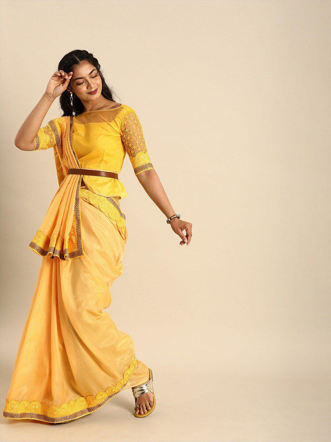 sangria-women-yellow-embroidered-batik-work-sarees