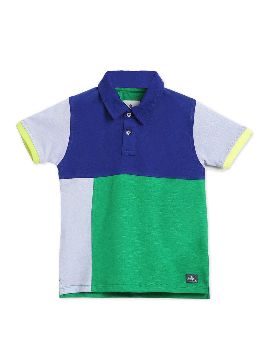 Cherry Crumble Boys Blue & Green Colourblocked Polo Collar T-shirt