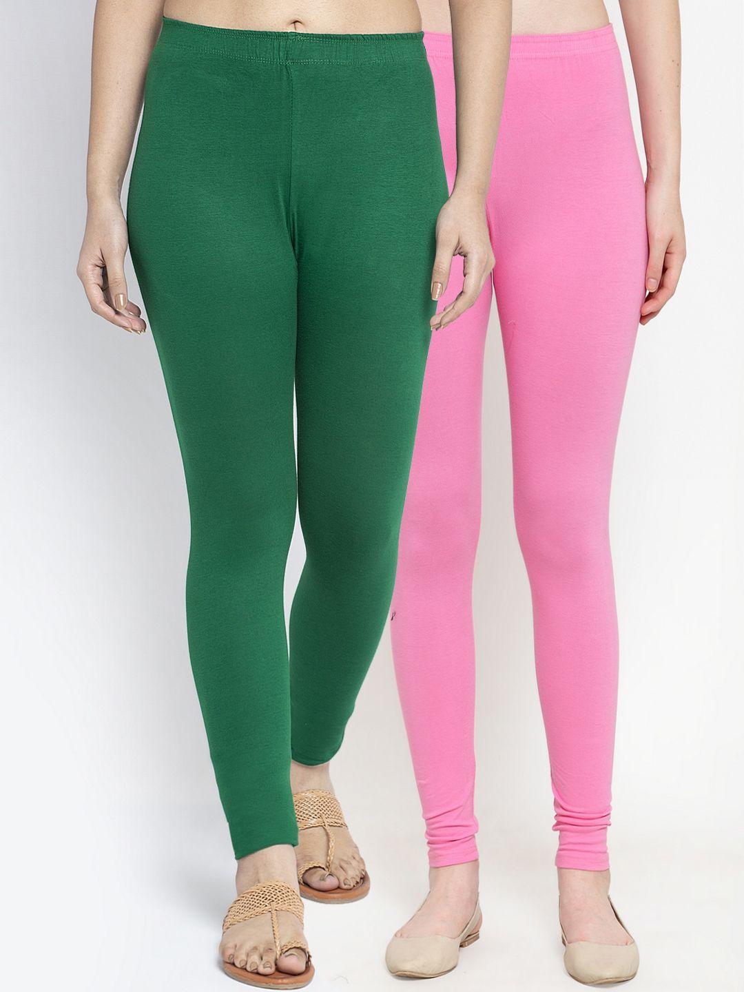 gracit-women-pack-of-2-pink-green-solid-ankle-length-combed-cotton-leggings