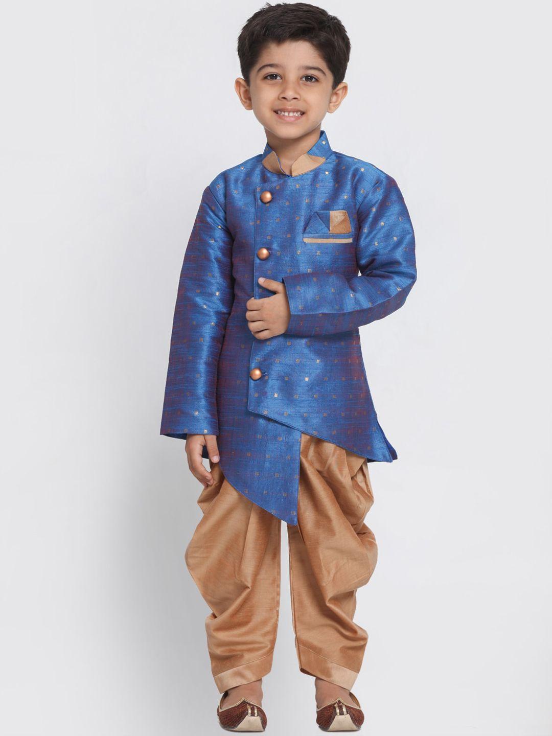 vastramay-boys-blue-&-gold-toned-silk-blend-indowestern-sherwani-and-dhoti-set