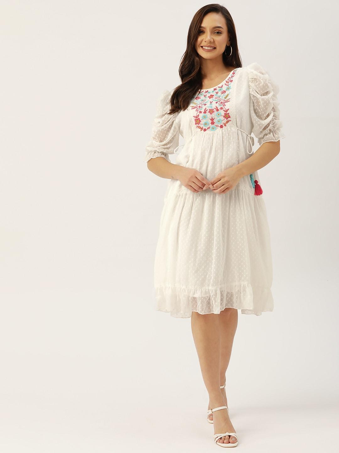 Antheaa White Floral Chiffon Embroidered Laced A-Line Dress