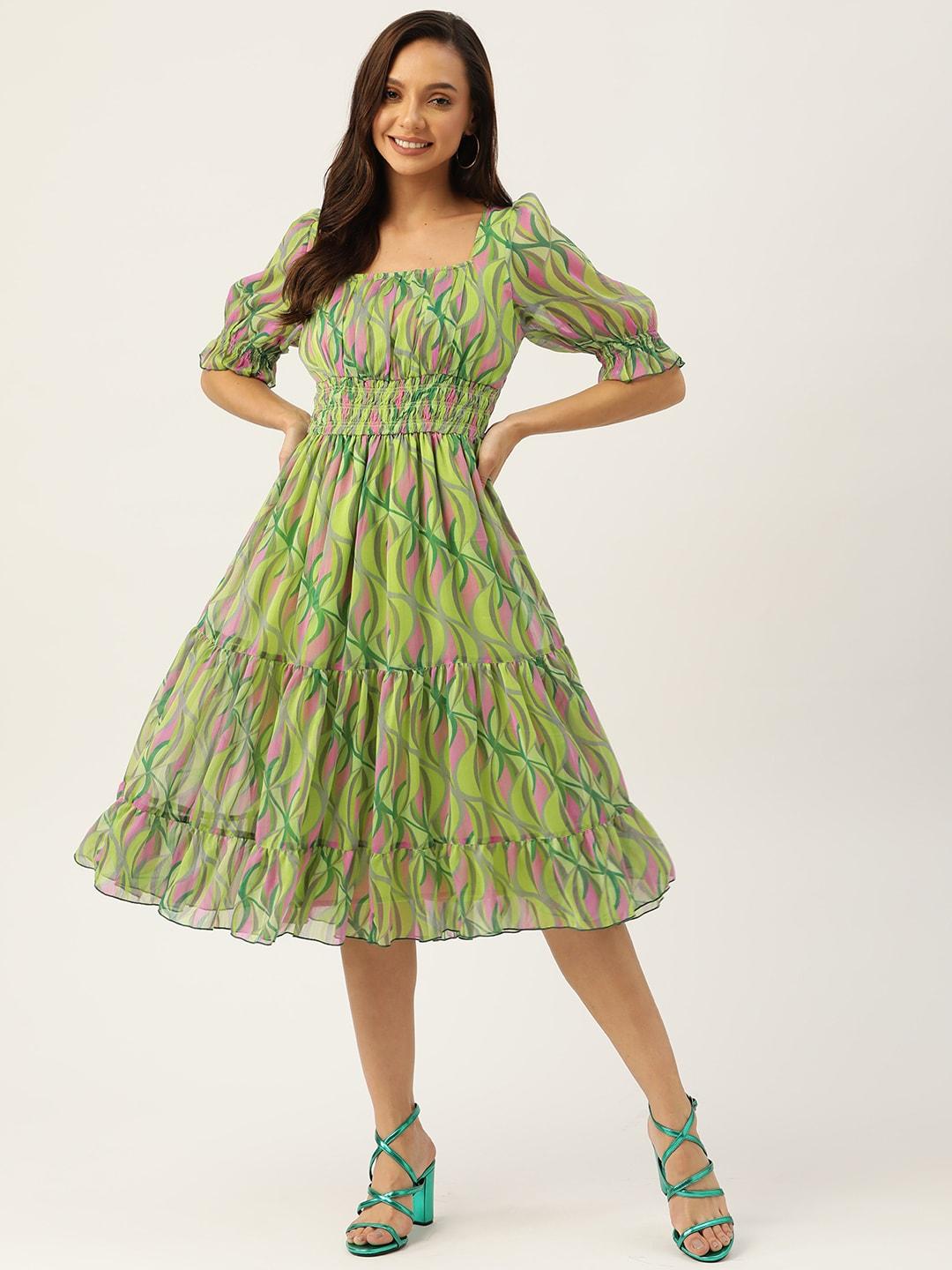 Antheaa Green & Pink Chiffon Geometric Print Tiered Dress
