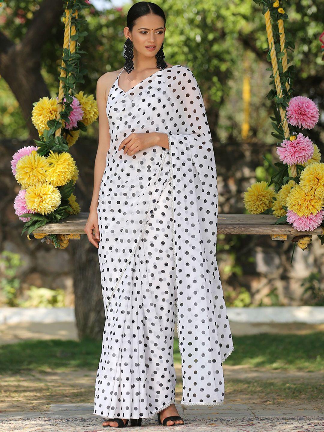 swtantra-white-&-black--women-polka-dot-printed-saree-blouse