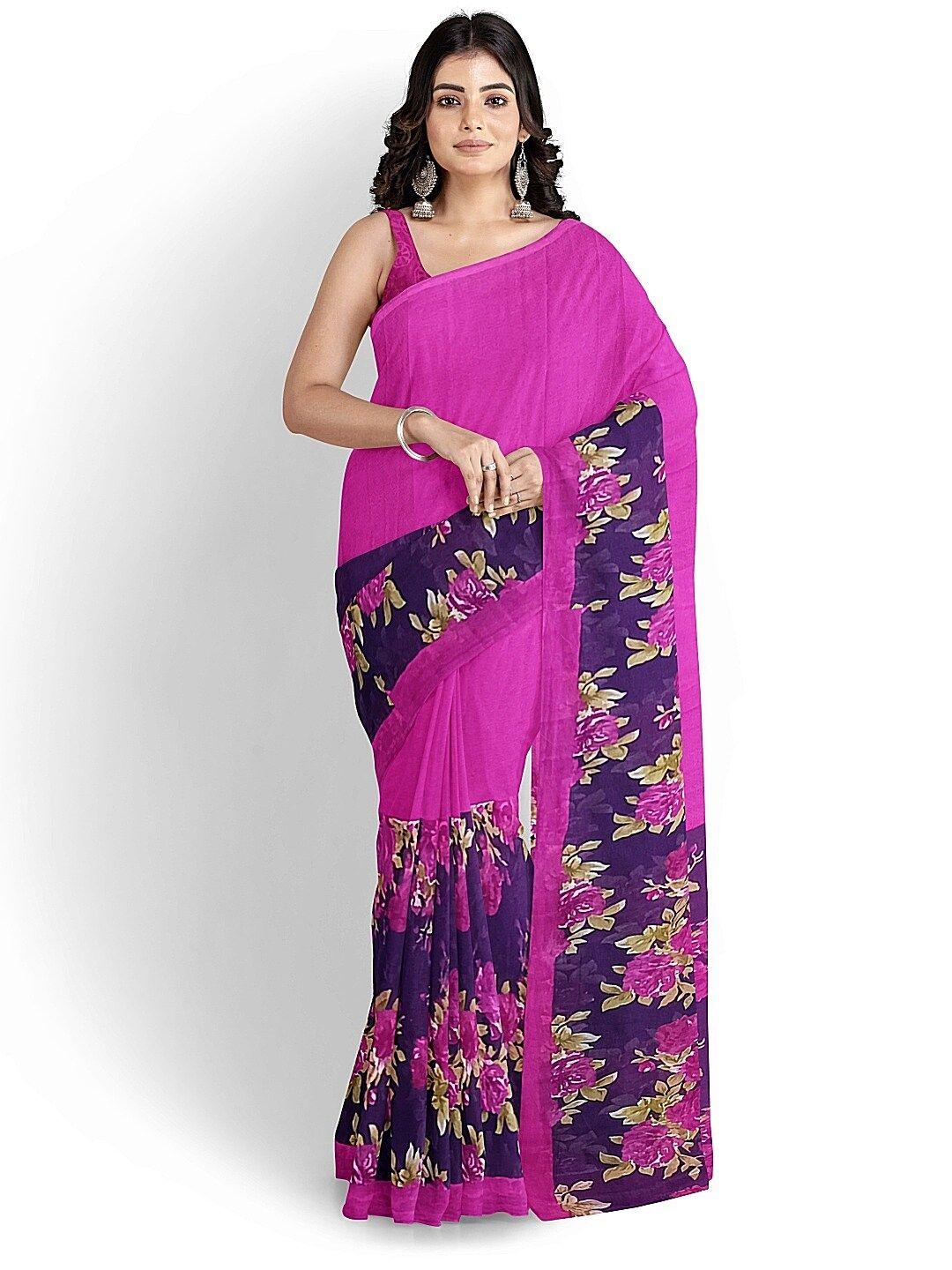 Florence Pink & Navy Blue Floral Pure Georgette Fusion Dharmavaram Saree