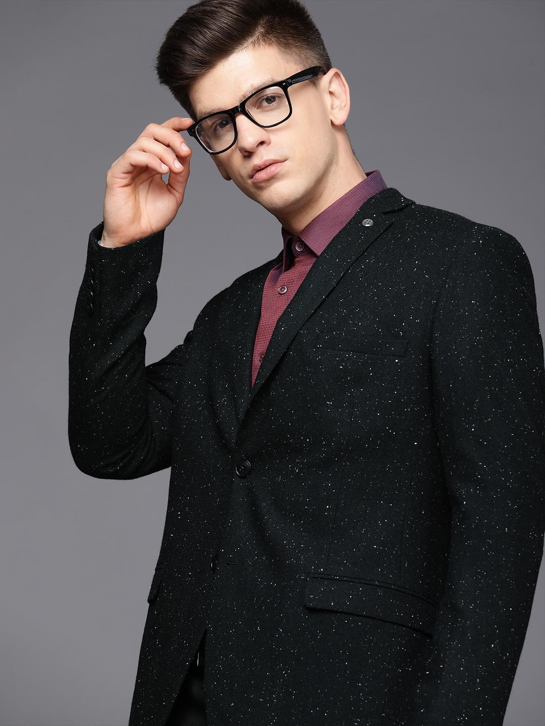 Theme Men Black Pure Wool Speckled Slim Fit Semi-Formal Blazer