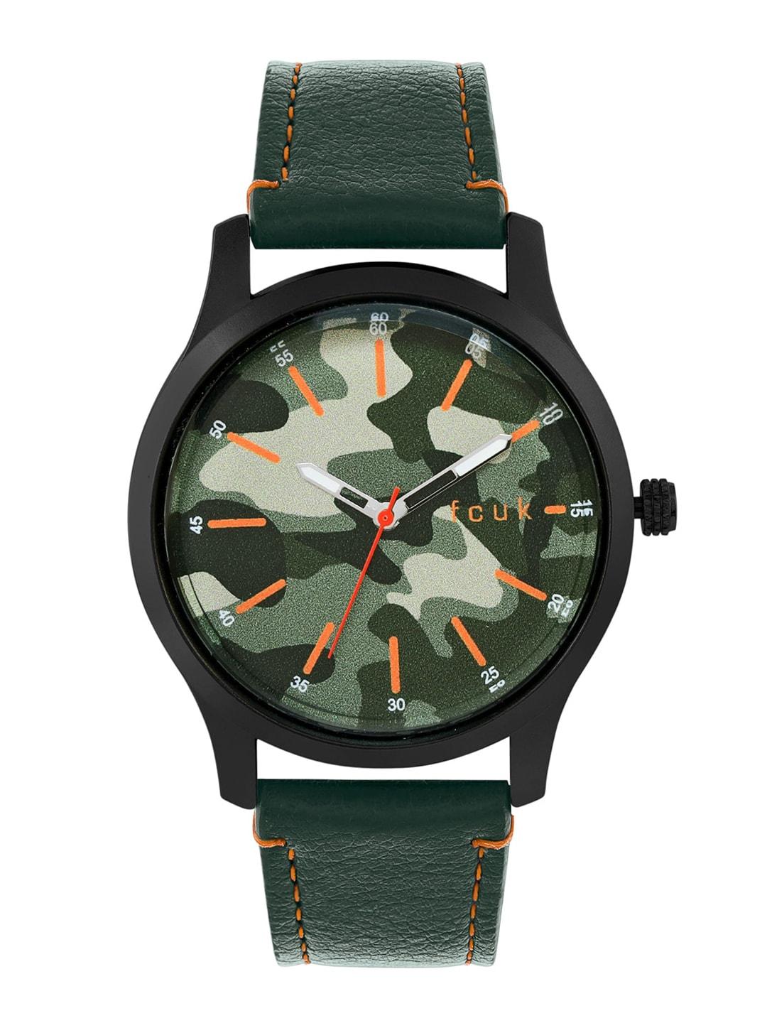 FCUK Men Green Camouflage Dial & Green Leather Straps Analogue Watch FK00011D
