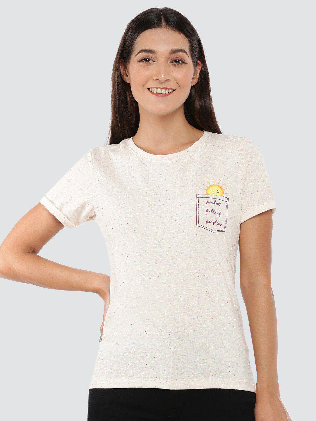 Dollar Missy Women Cream-Coloured Printed Anti Odour Cotton Slim Fit T-shirt