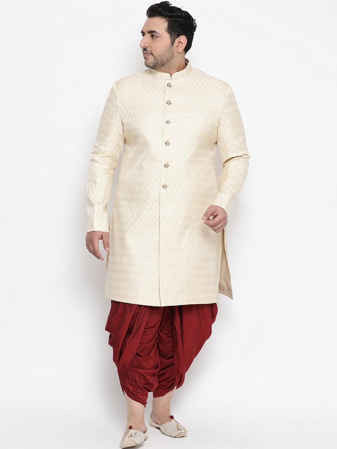 KISAH PLUS Men Cream Colored Woven Design Cotton Sherwani