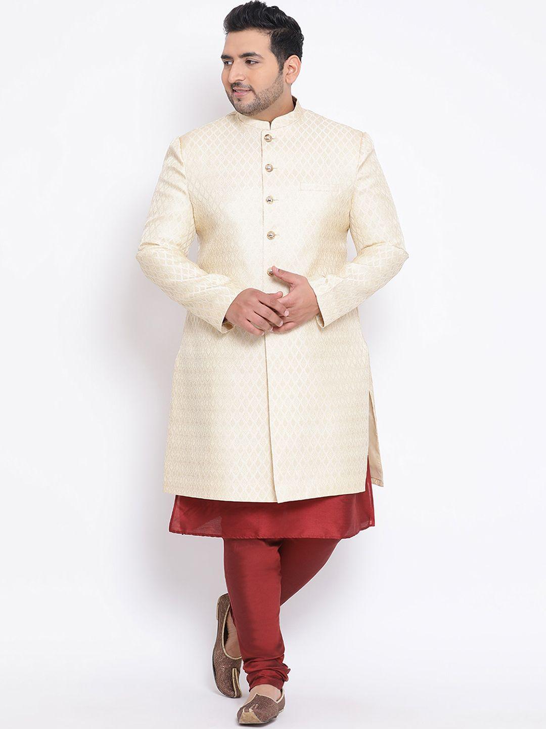 kisah-plus-men-cream-coloured-&-maroon-printed-sherwani-set