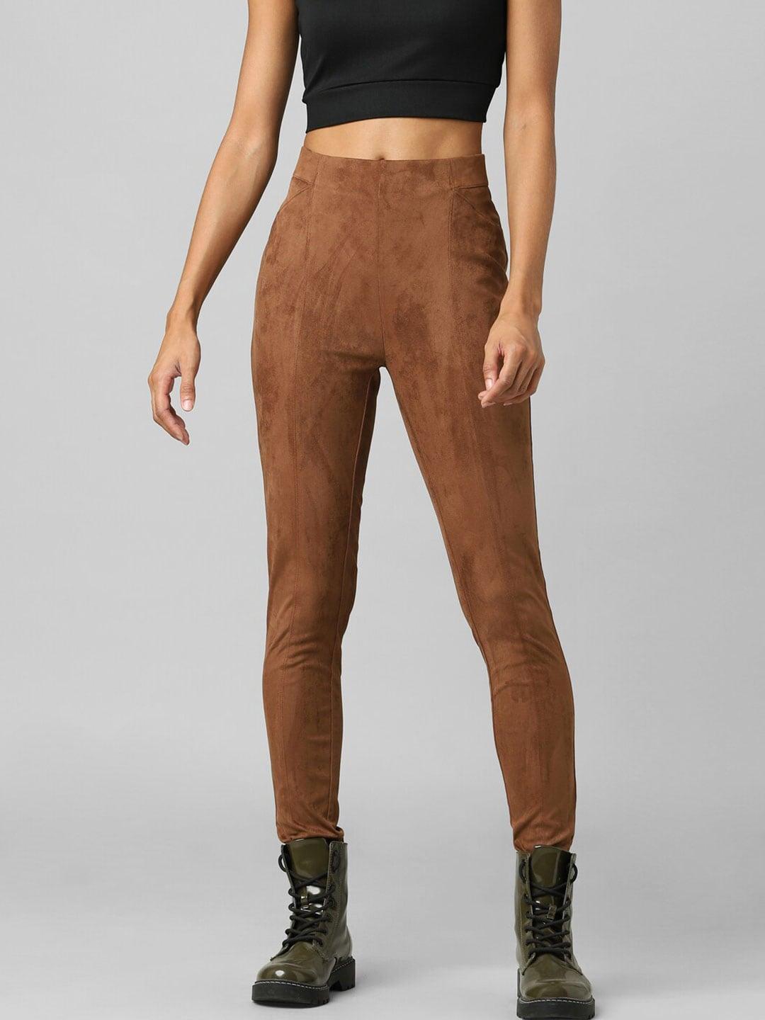 only-women-brown-solid-faux-suede-ankle-length-jeggings