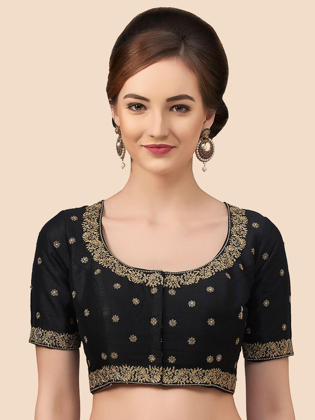 neckbook-women-black-&-gold-coloured-embroidered-raw-silk-padded-readymade-saree-blouse
