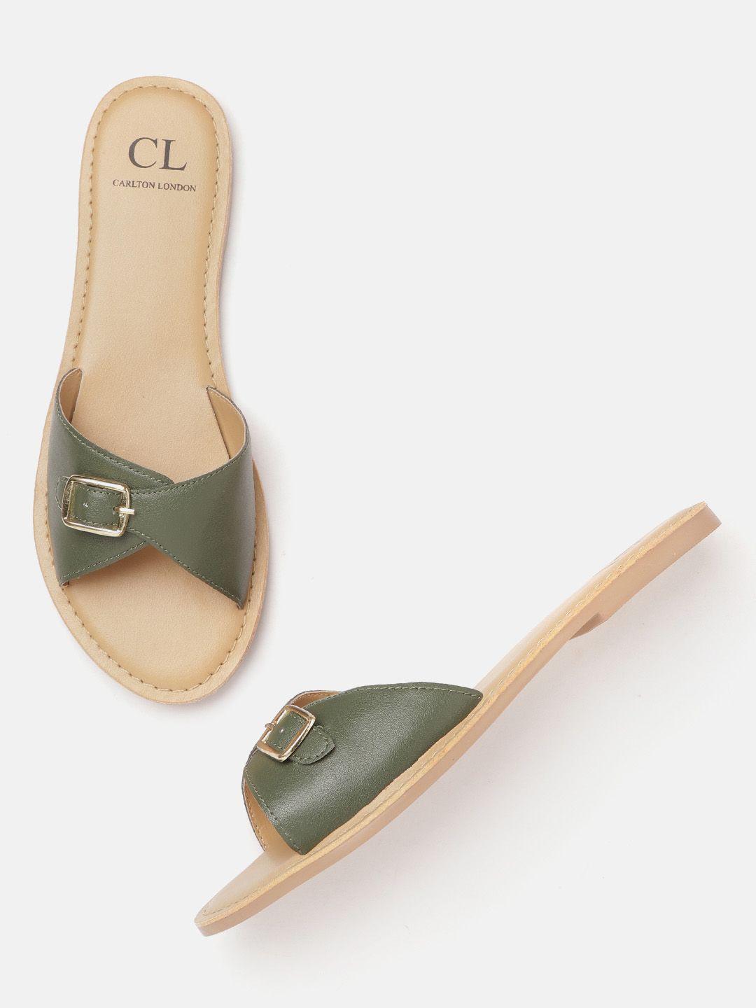 Carlton London Women Olive Green & Gold-Toned Solid Flats with Buckles