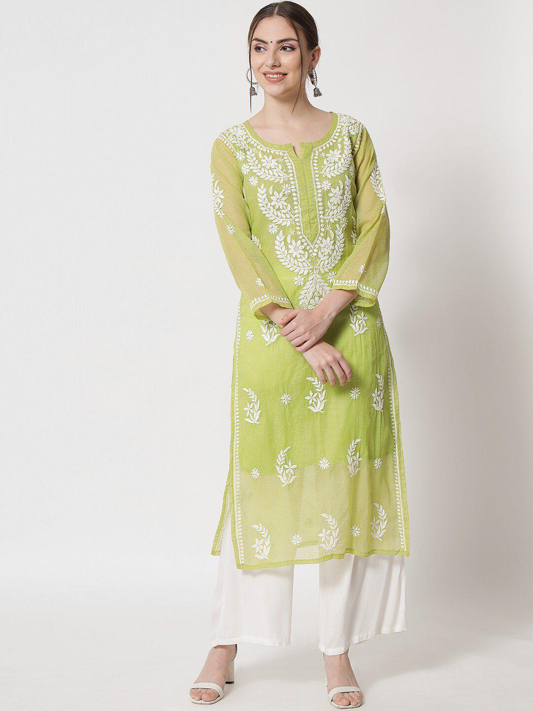 paramount-chikan-women-lime-green-hand-embroidered-chikankari-kurta