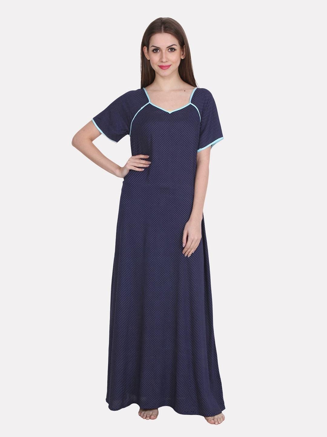 PATRORNA Women Blue Printed Maxi Nightdress