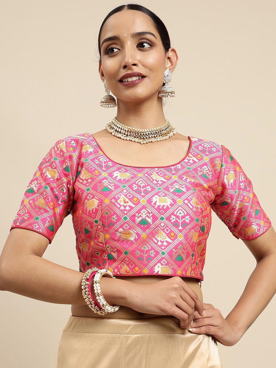 MIMOSA Pink & Gold-Coloured Woven Design Readymade Saree Blouse