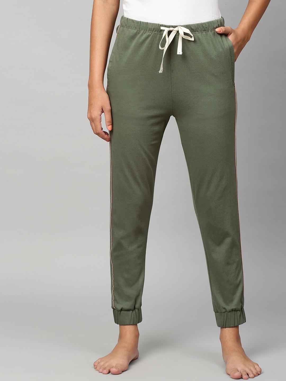 Chemistry Women Olive Green Solid Cotton Lounge Joggers