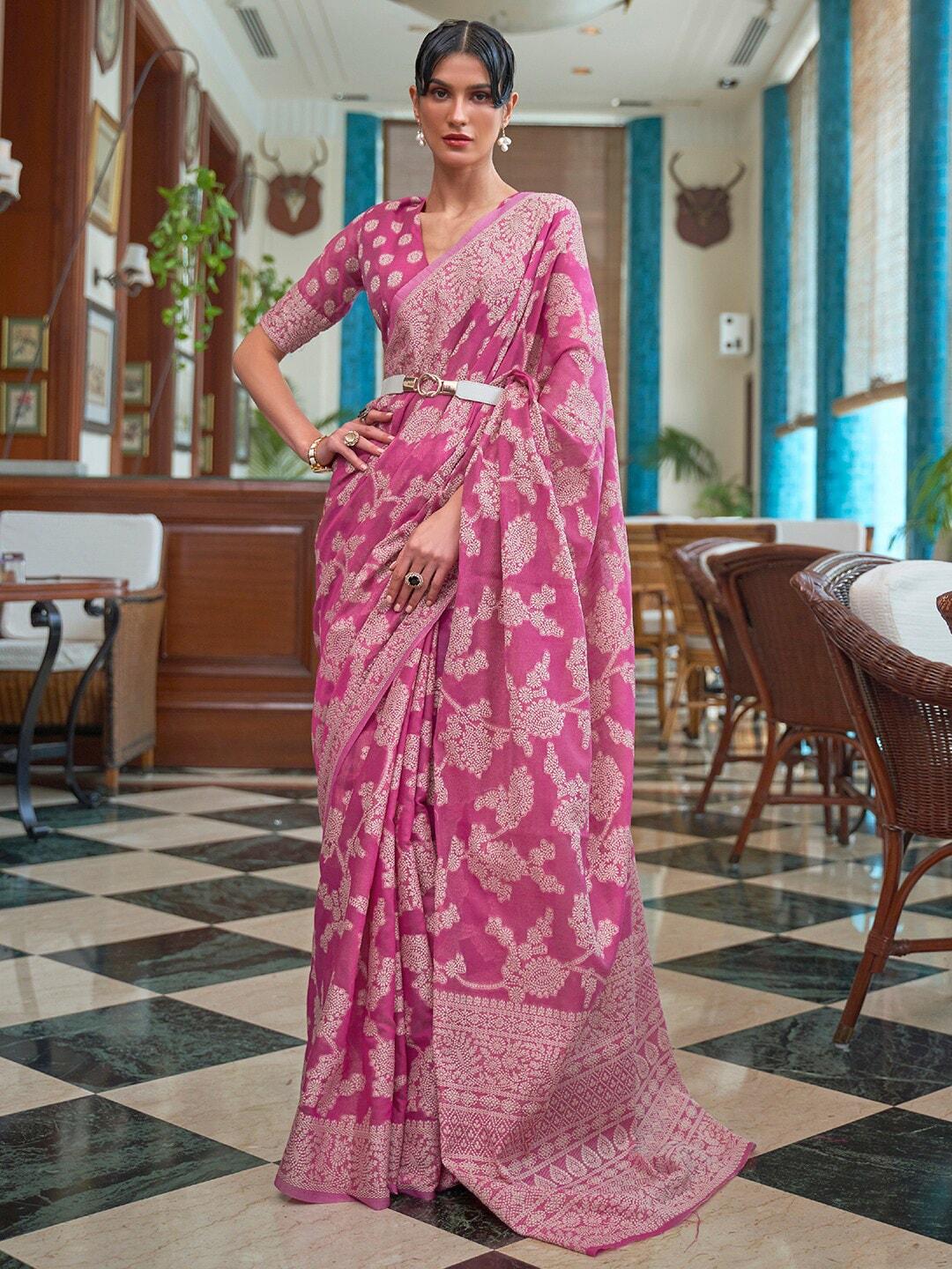 Mitera Pink & White Woven Design Linen Blend Muga Saree