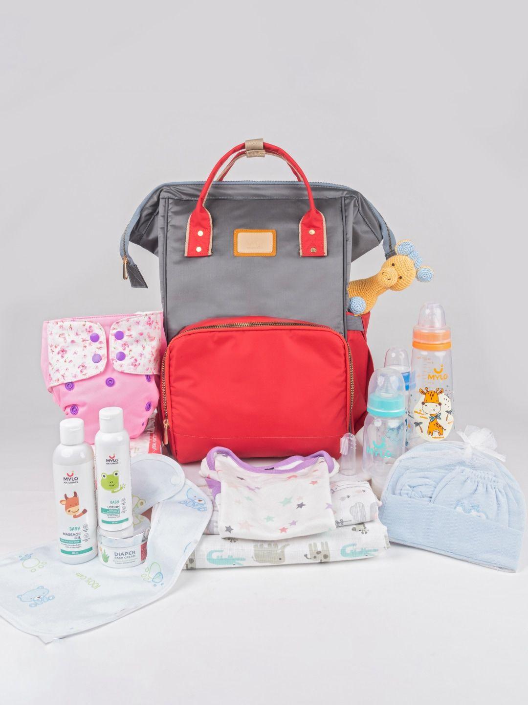 mylo-essentials-kids-grey-&-red-water-resistant-diaper-backpack-with-free-diaper-pouch