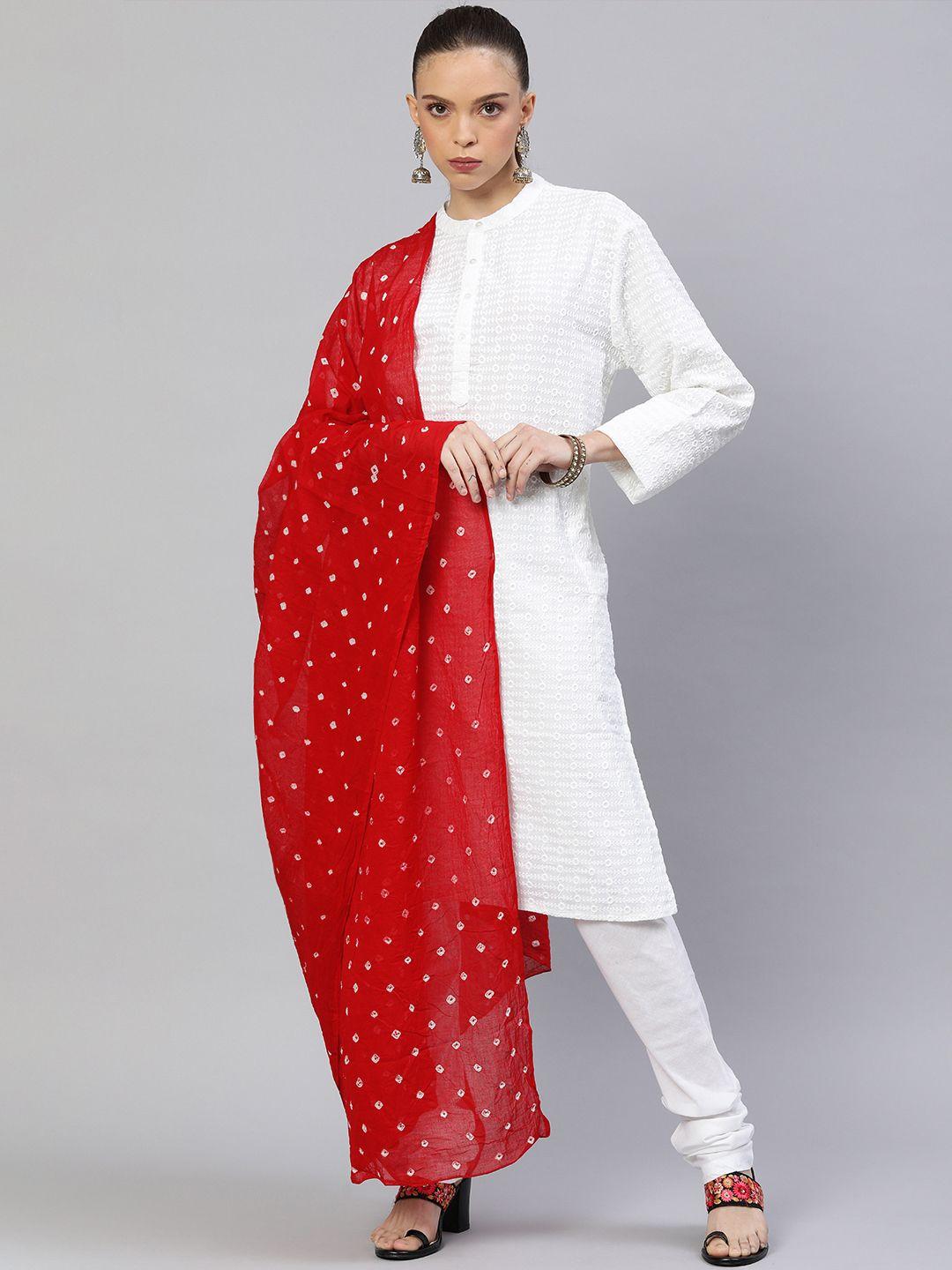 Rani Saahiba Red & White Printed Pure Cotton Bandhani Dupatta