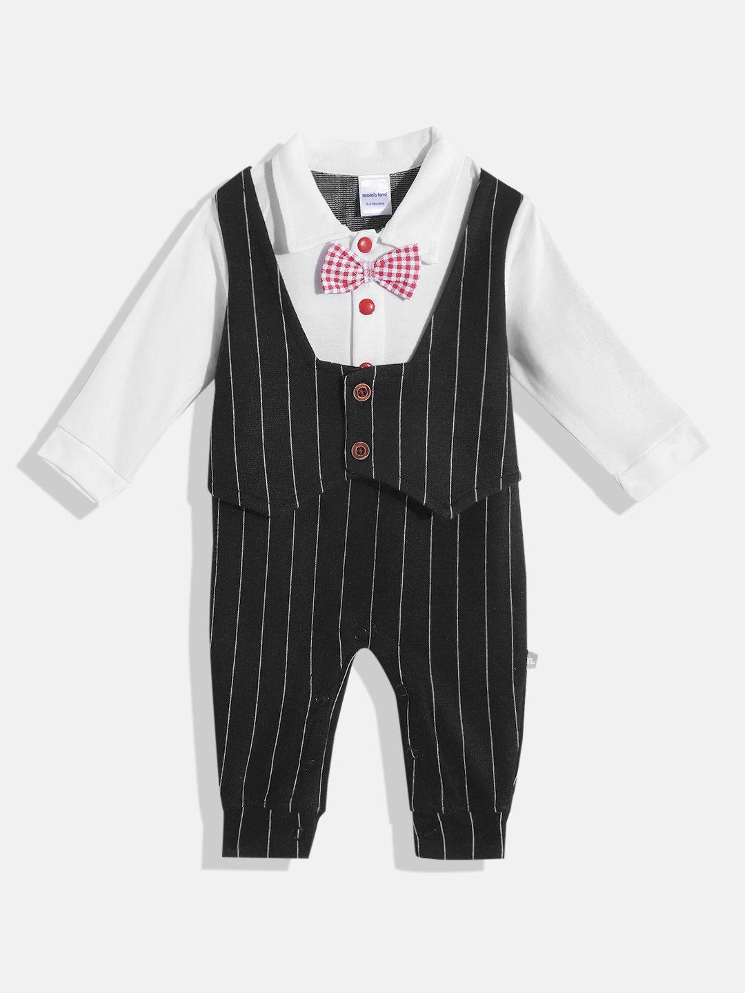 Moms Love Infant Boys Black & White Striped Pure Cotton Rompers with Attached Waistcoat
