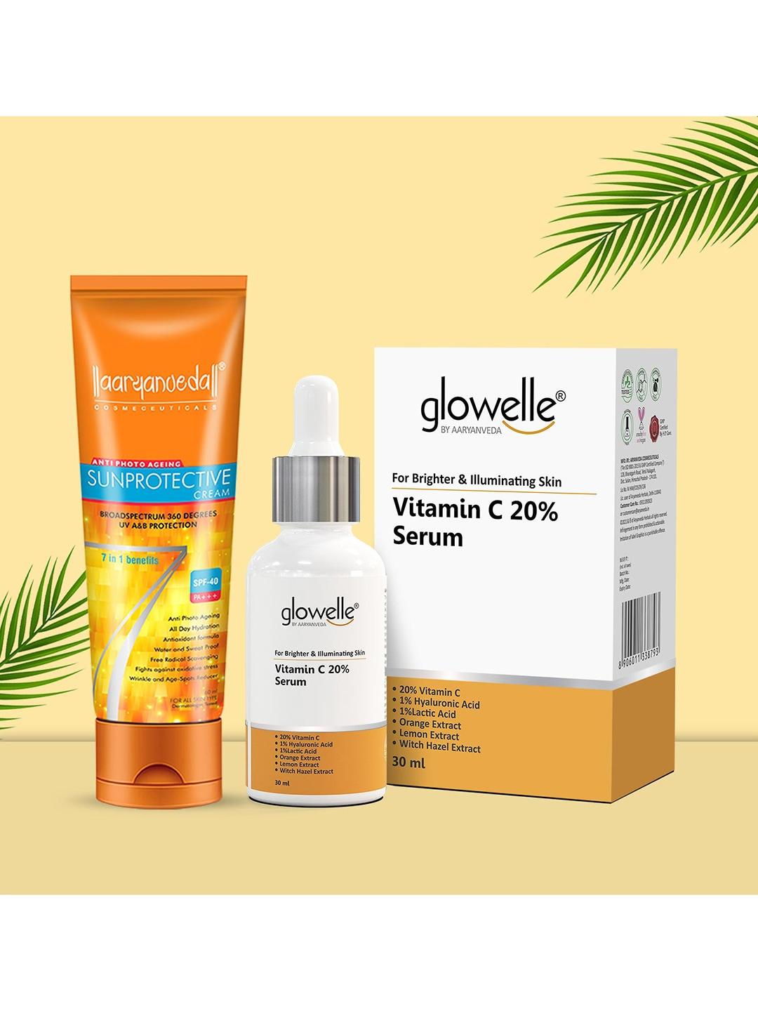 Aryanveda Sunscreen Spf 40 Pa+++ With Glowelle Vitamin C Face Serum For Illuminated Skin-90G Each