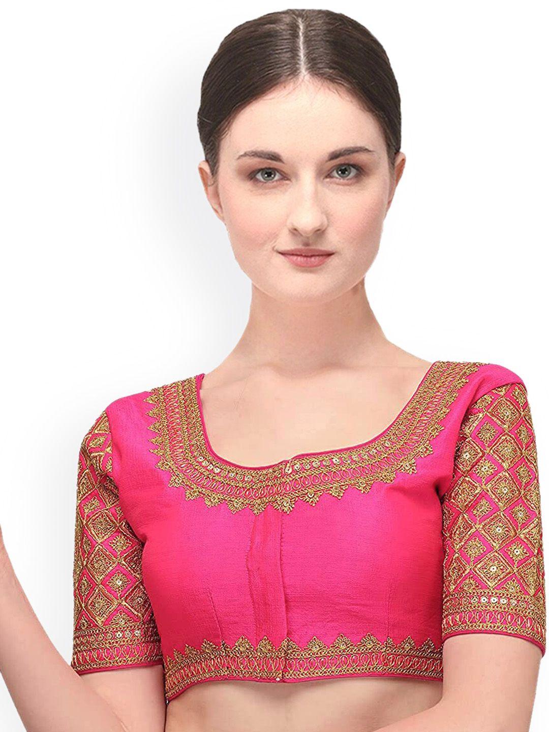 Sumaira Tex Women Pink & Gold-Coloured Embroidered Saree Blouse