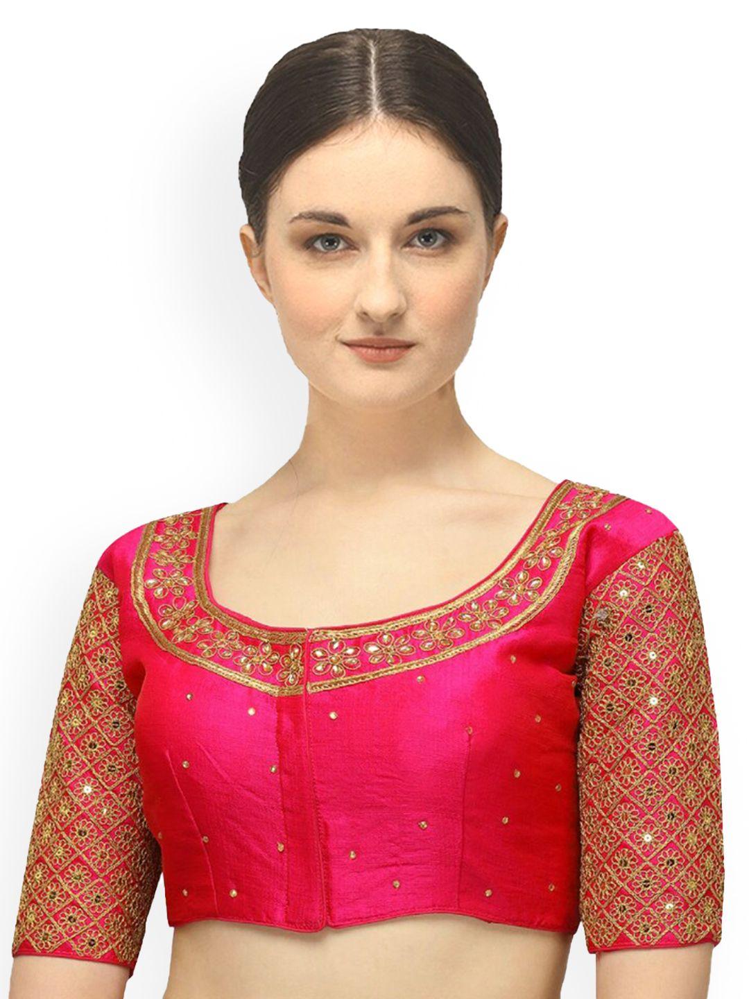 sumaira-tex-women-peach-colored-&-gold-colored-embroidered-readymade-saree-blouse