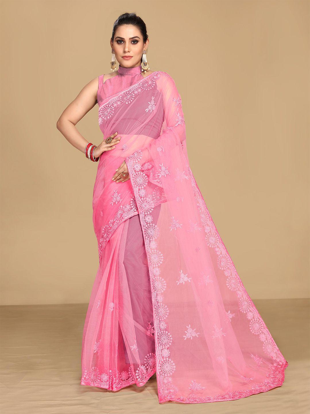 VAIRAGEE Pink & Silver-Toned Floral Embroidered Net Saree