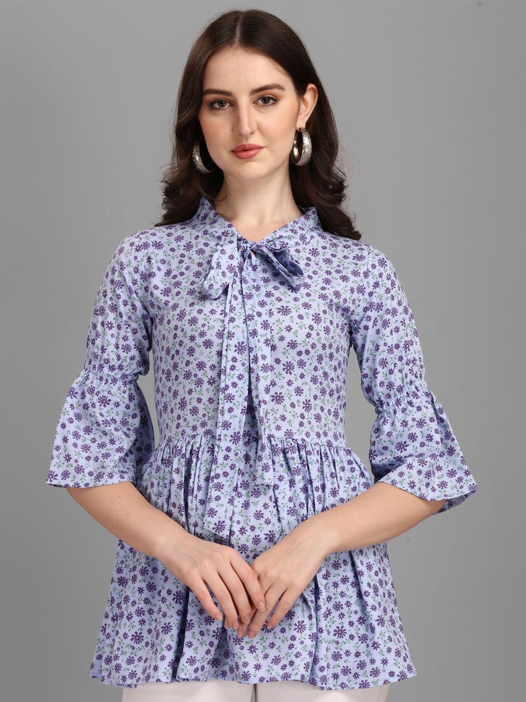 gufrina-women-violet-floral-print-tie-up-neck-crepe-peplum-top