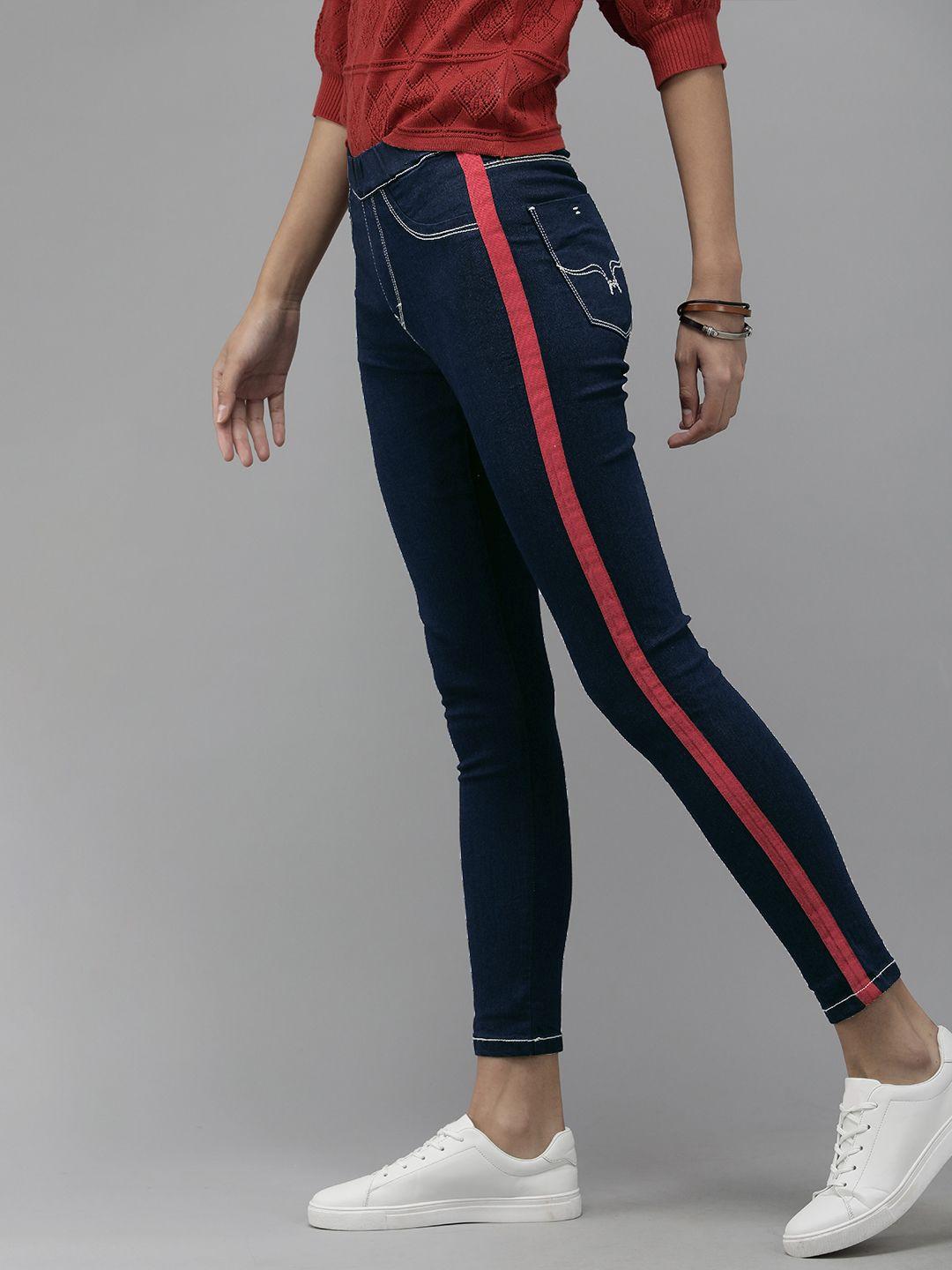 roadster-women-navy-blue-&-red-side-taped-ankle-length-skinny-fit-jeggings