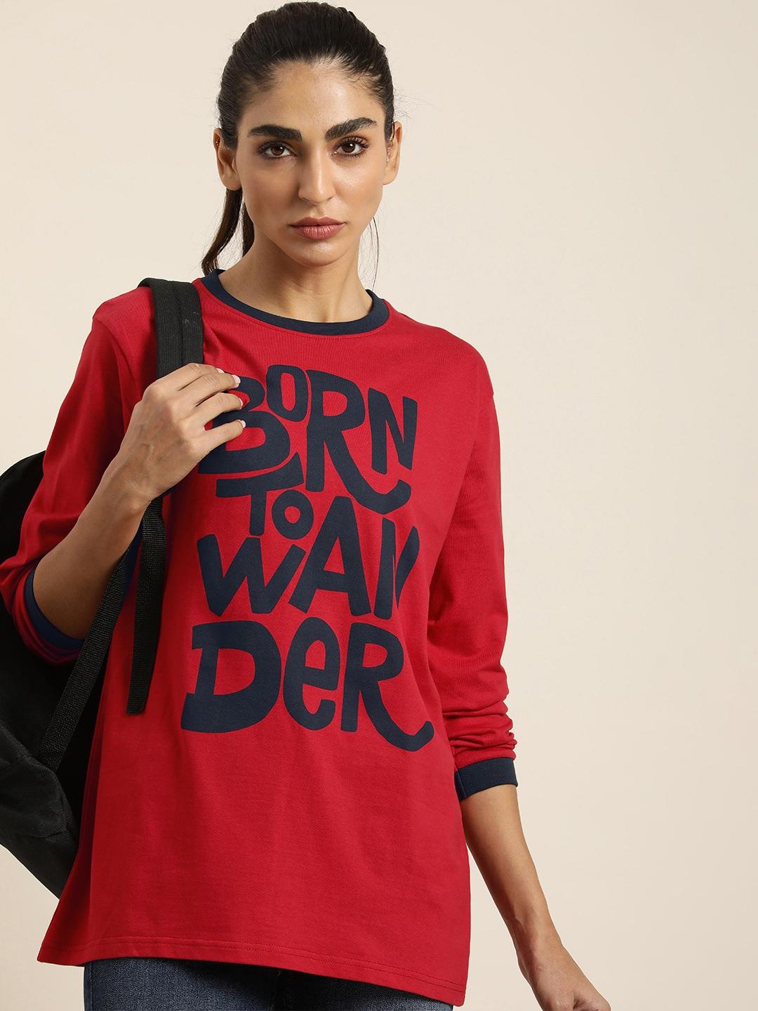 DILLINGER Women Red & Navy Blue Typography Printed Pure Cotton Loose T-shirt