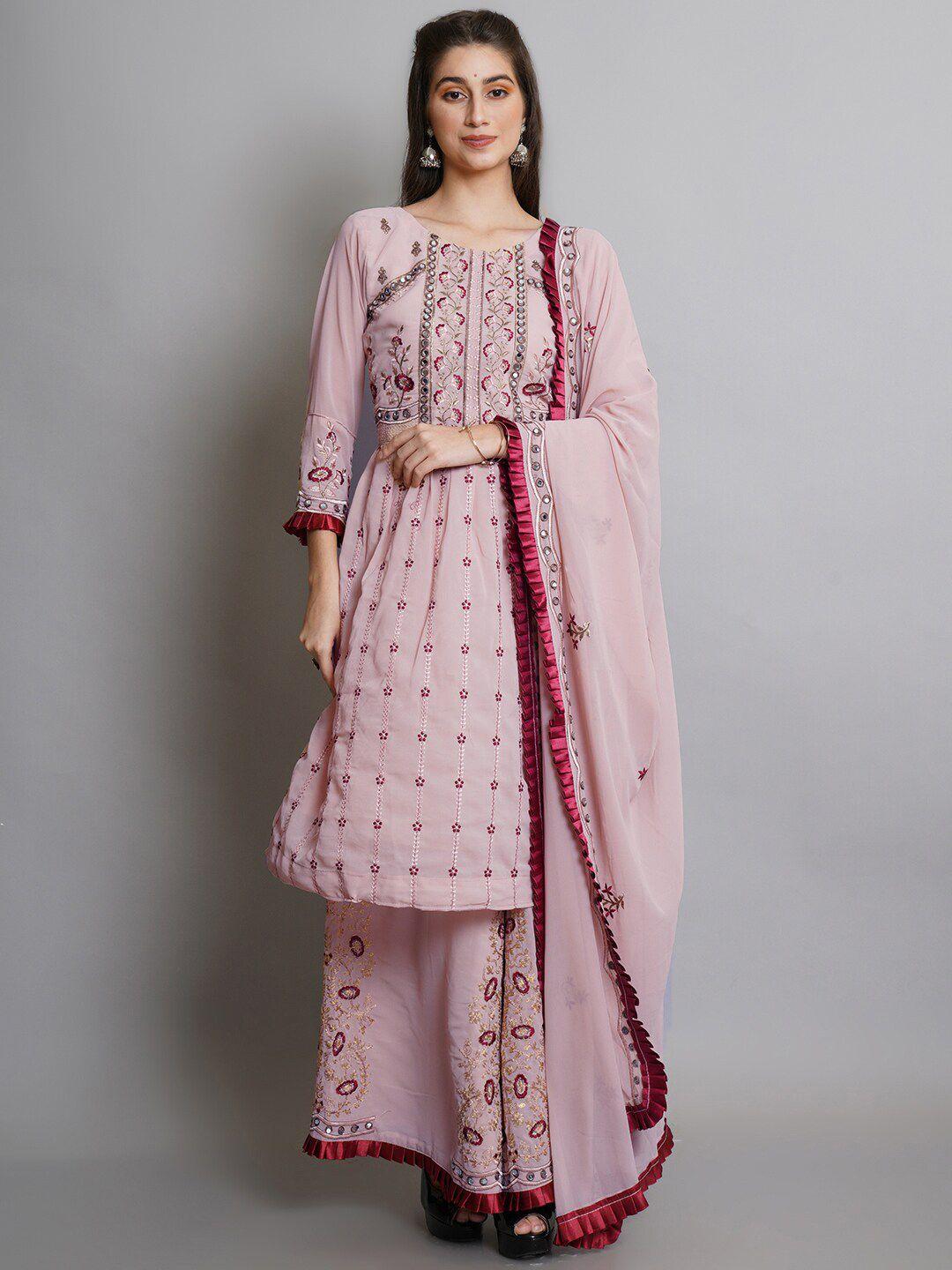 Stylee LIFESTYLE Women Pink & Brown Embroidered Semi-Stitched Dress Material
