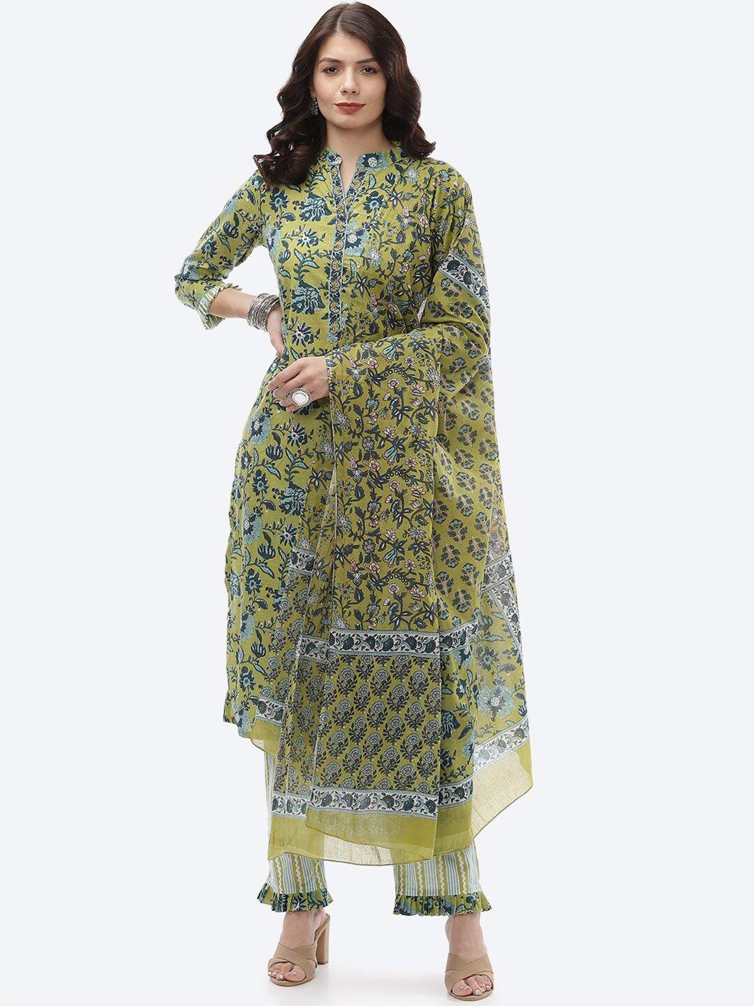 Biba Green & Pink Printed Unstitched Dress Material