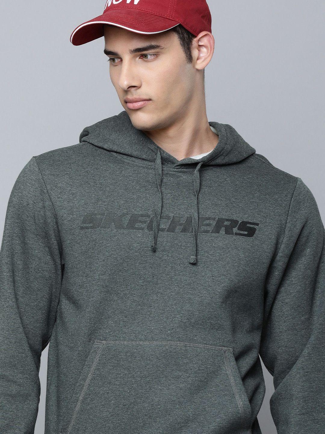 Skechers Men Charcoal Grey Melange Brand Logo Print Heritage II Pullover Hooded Sweatshirt