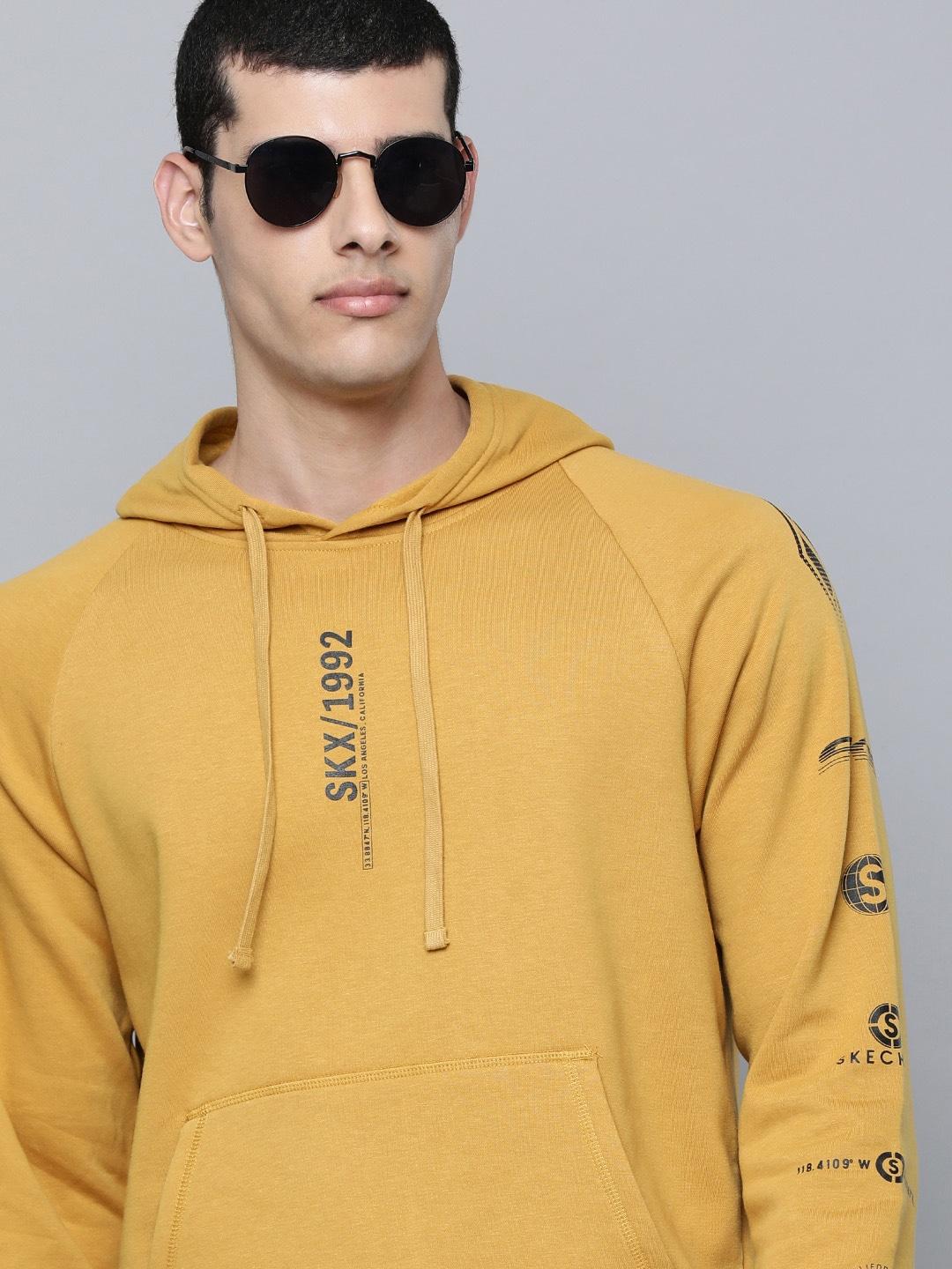 Skechers Men Mustard Yellow Typography Print SKX Varocity Hooded Pullover Sweatshirt
