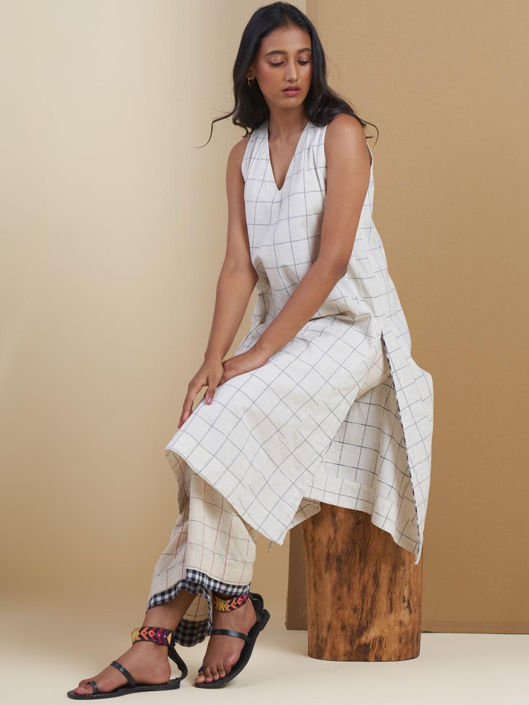 Ritu Kumar Women Off White Checked Woven Design Pure Cotton Kurta with Palazzos