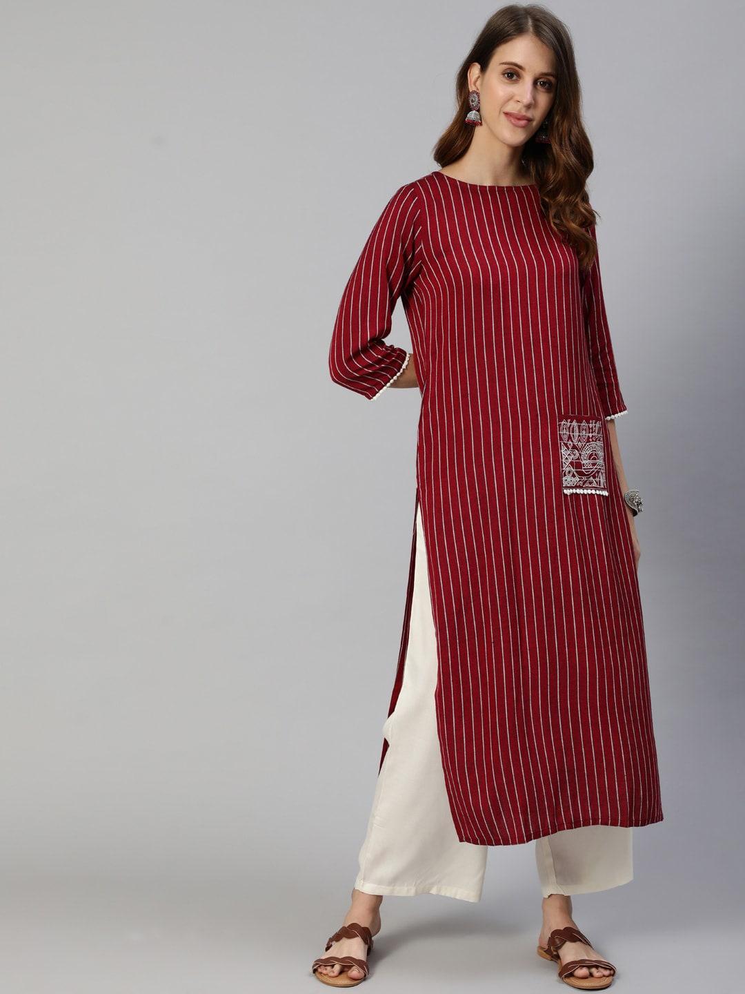 jaipur-kurti-women-maroon-striped-kurta