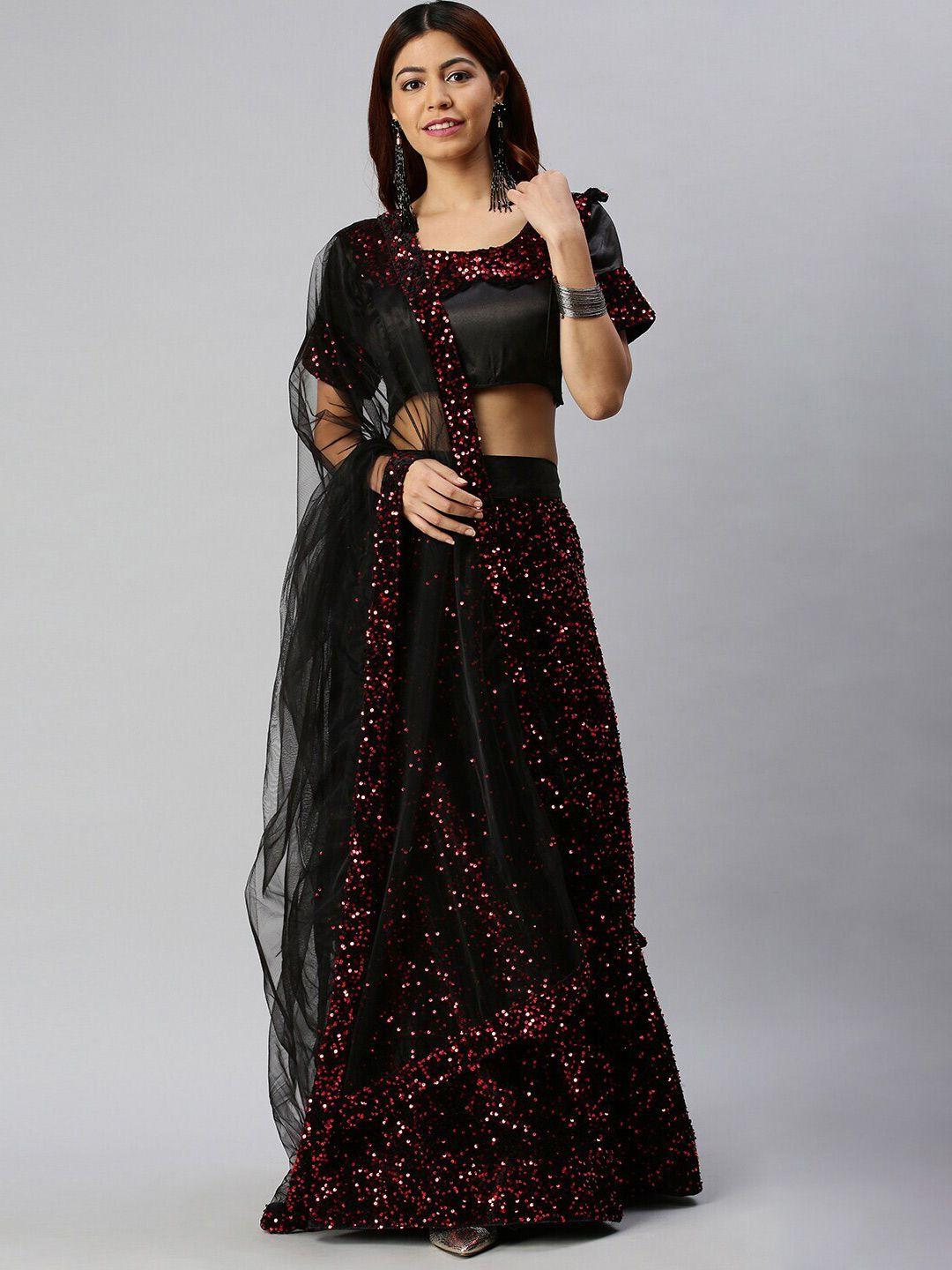 SHADOW & SAINING Black & Red Embellished Sequinned Semi-Stitched Lehenga Unstitched Blouse With Dupatta