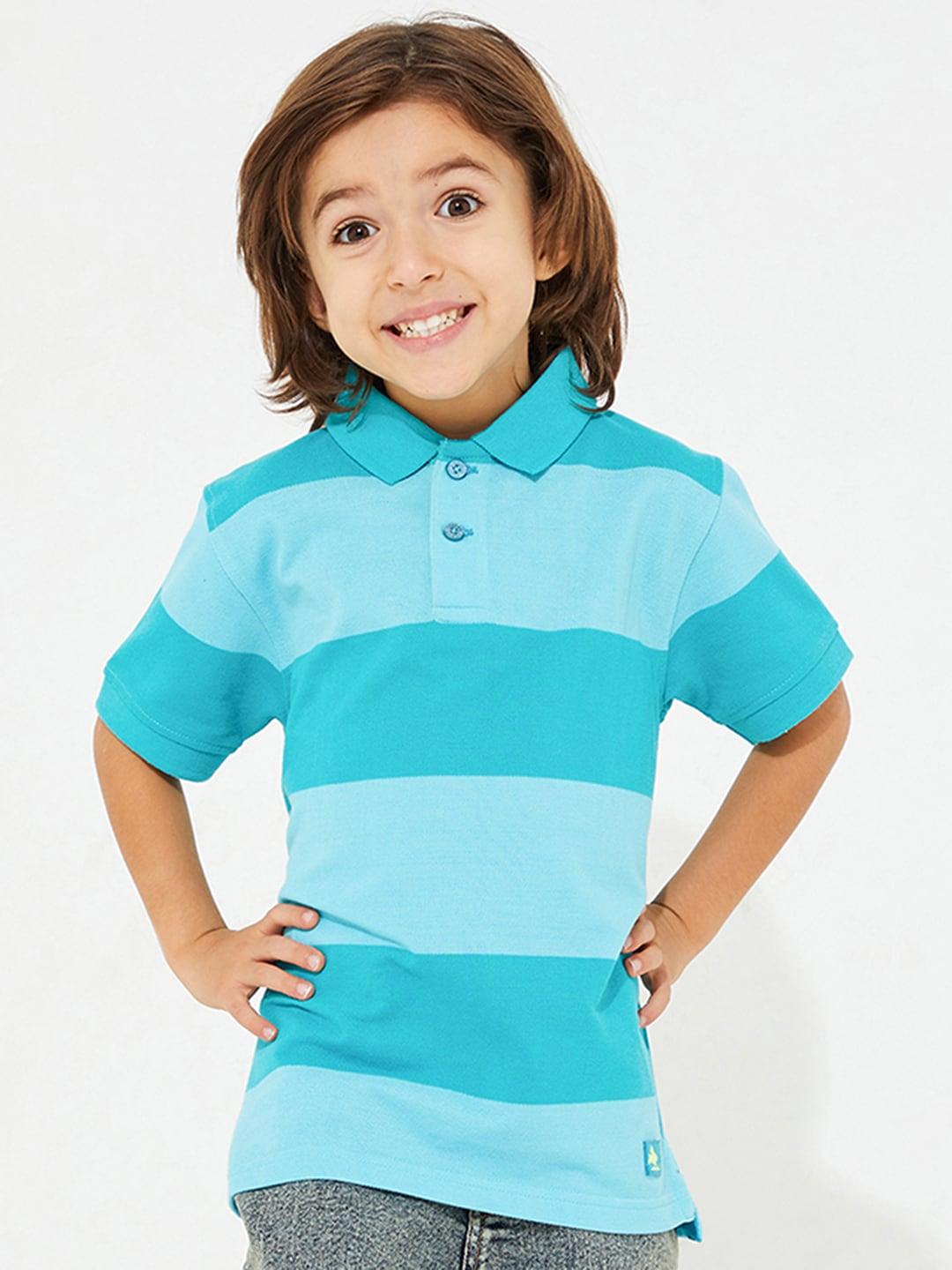 Cherry Crumble Kids-Boys Blue & Turquoise Blue Colourblocked Polo Collar T-shirt