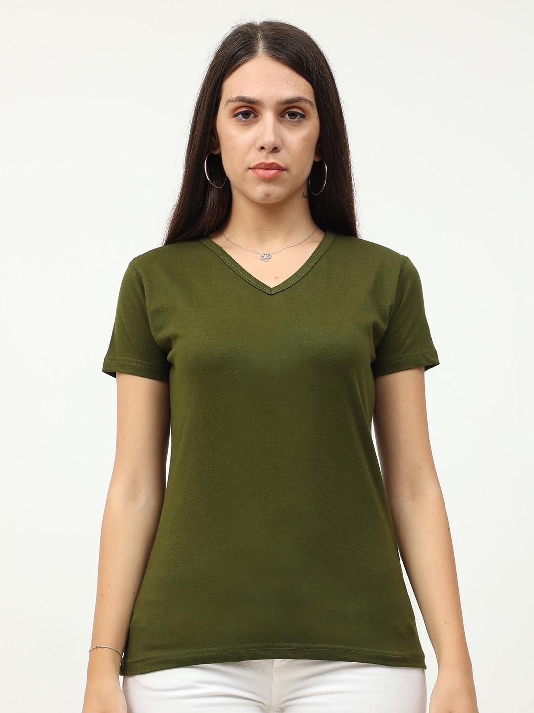 Fleximaa Women Olive Green V-Neck Cotton T-shirt