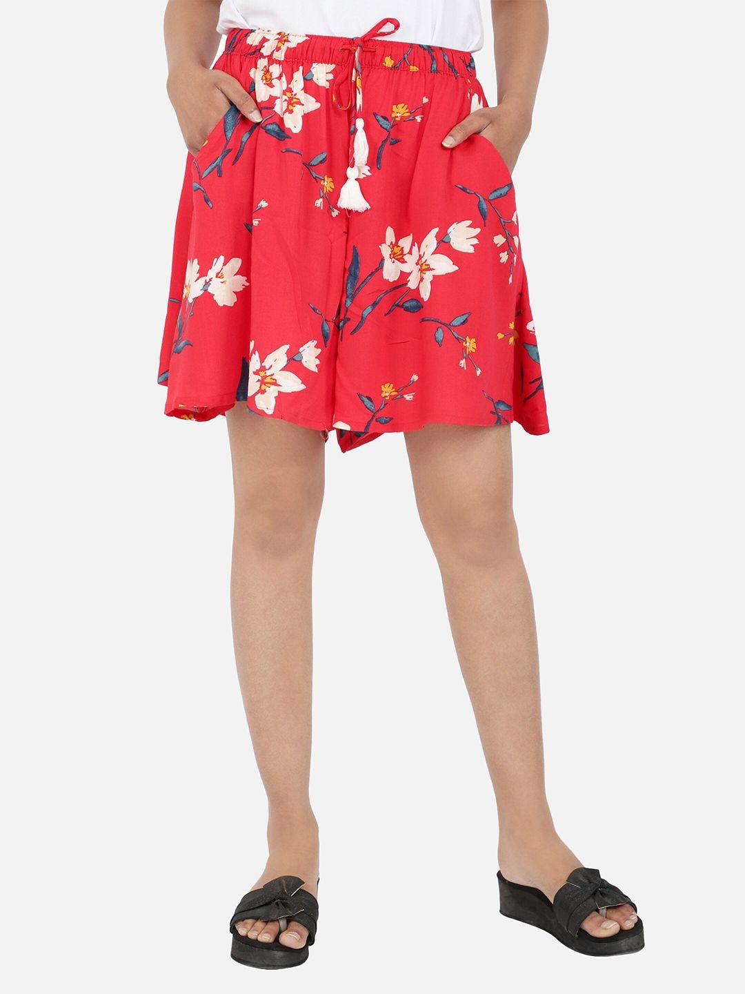 BStories Women Red & Grey Floral Printed Lounge Shorts