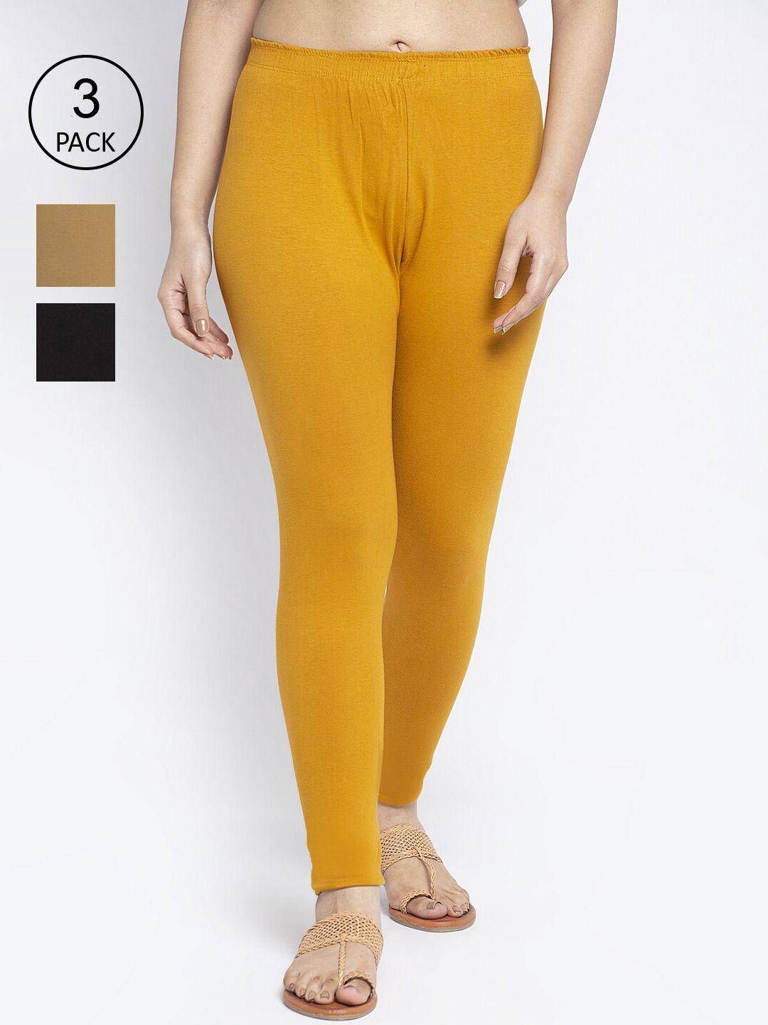 gracit-women-pack-of-3-black-&-mustard-yellow-leggings