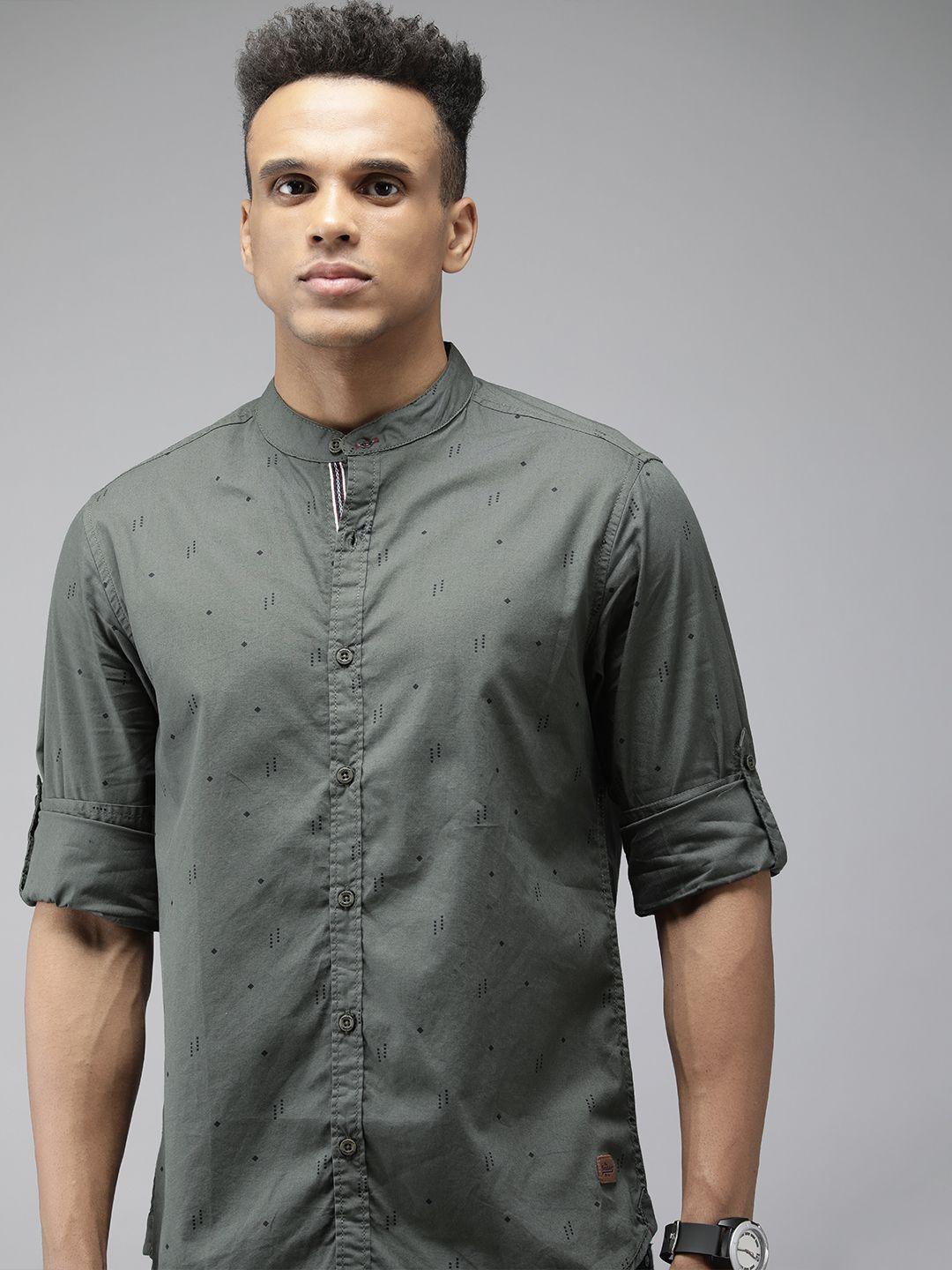 roadster-men-olive-green-standard-printed-pure-cotton-casual-shirt