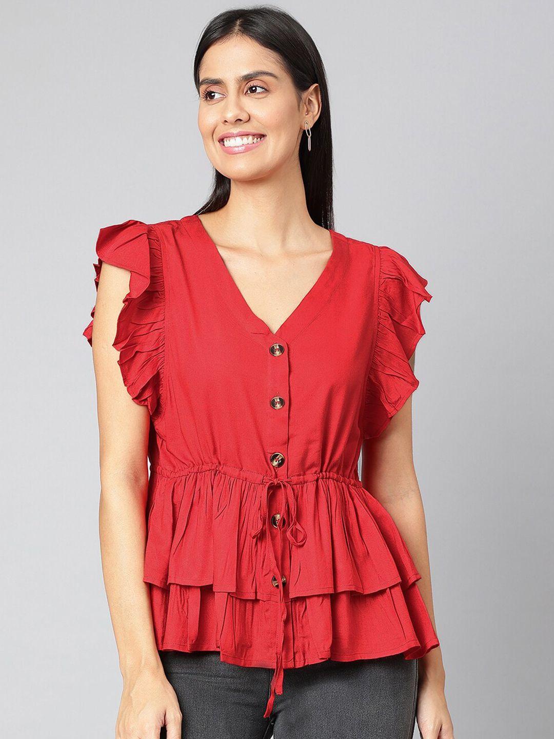 finsbury-london-red-layered-pure-cotton-cinched-waist-top