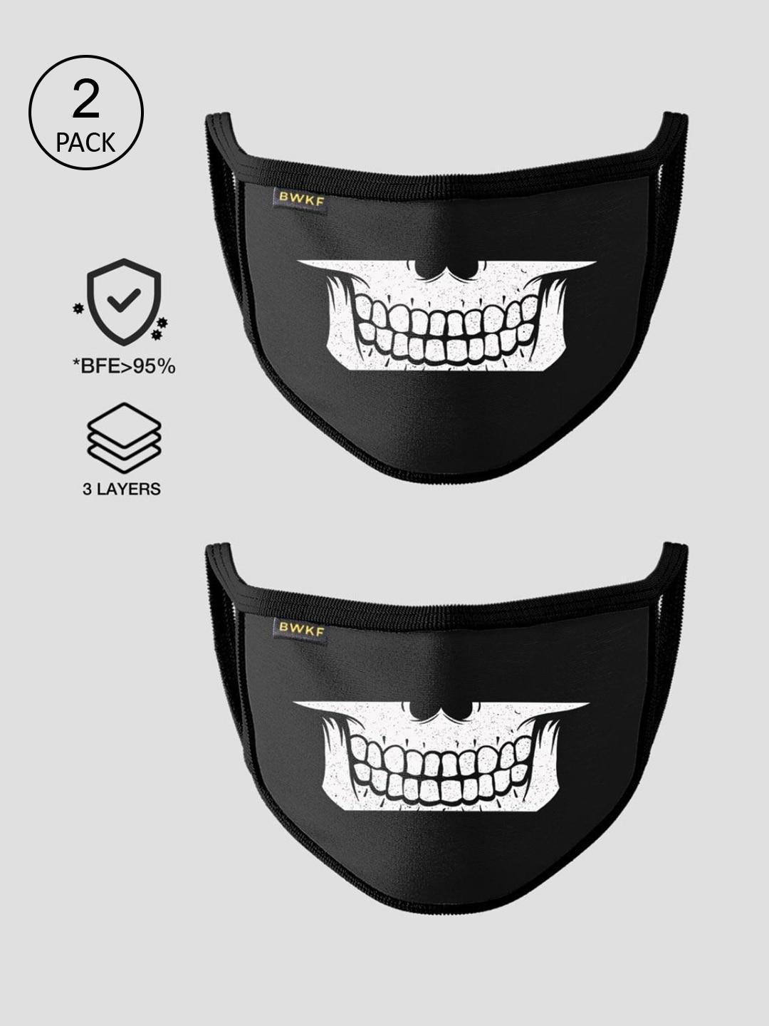 Bewakoof Unisex Pack Of 2 Black & White Printed 3-Ply Cotton Protective Outdoor Masks