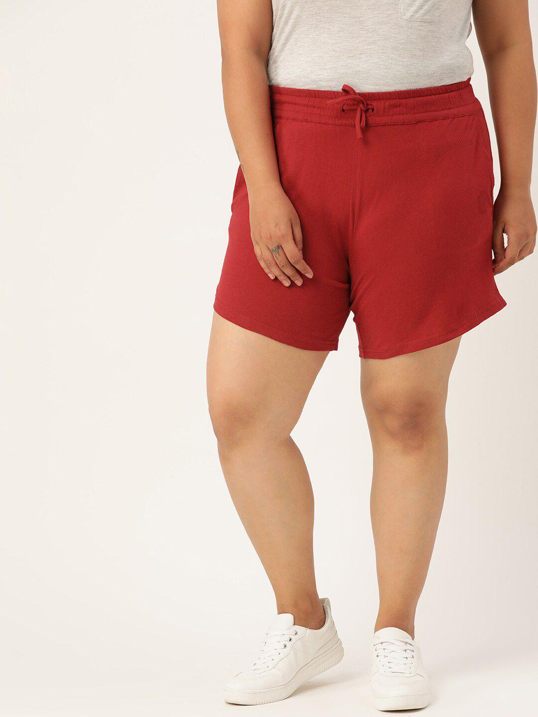theRebelinme Women Plus Size Maroon Solid High-Rise Pure Cotton Shorts
