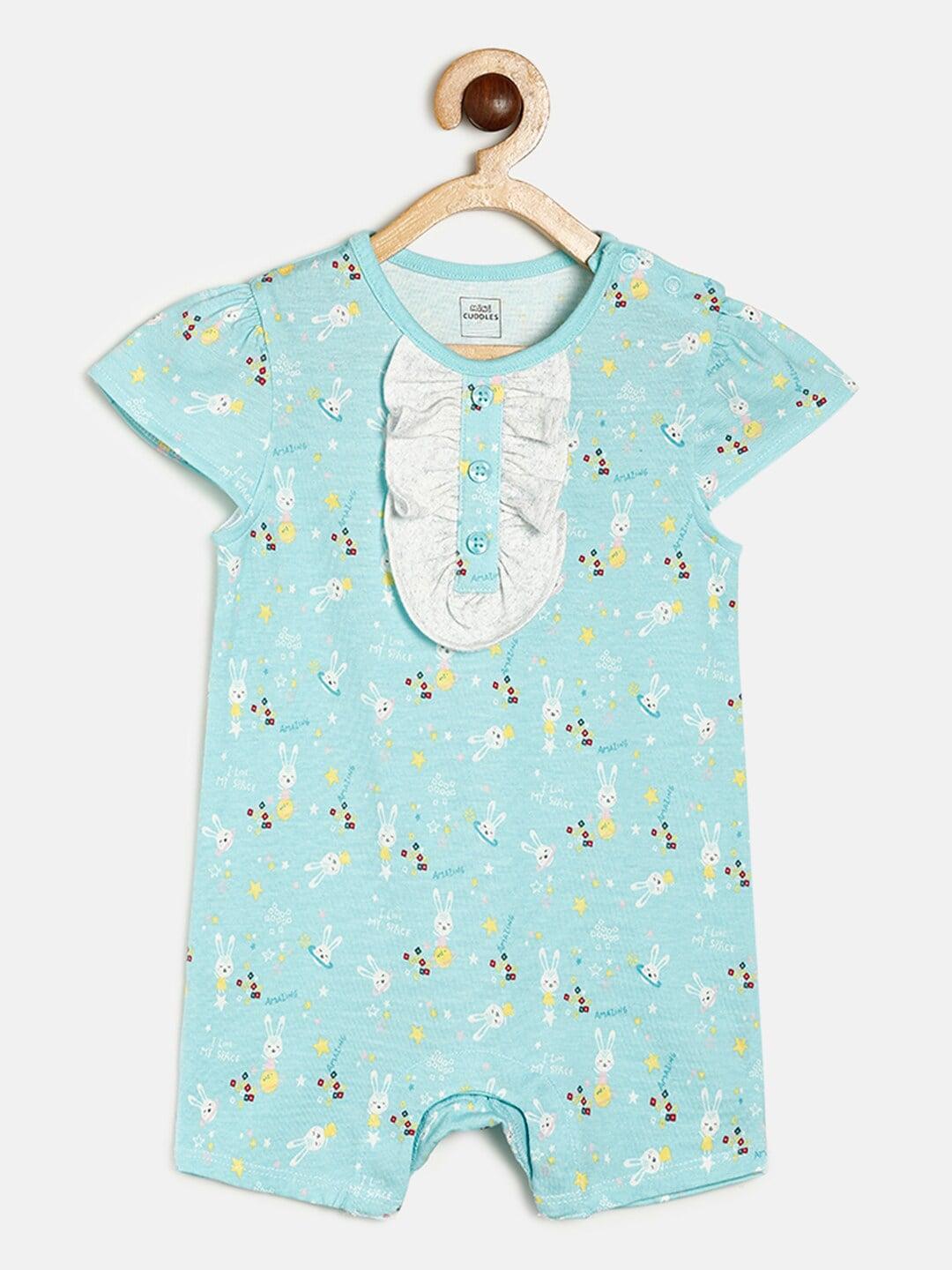 MINI KLUB Infant Girls Blue Printed Pure Cotton Rompers