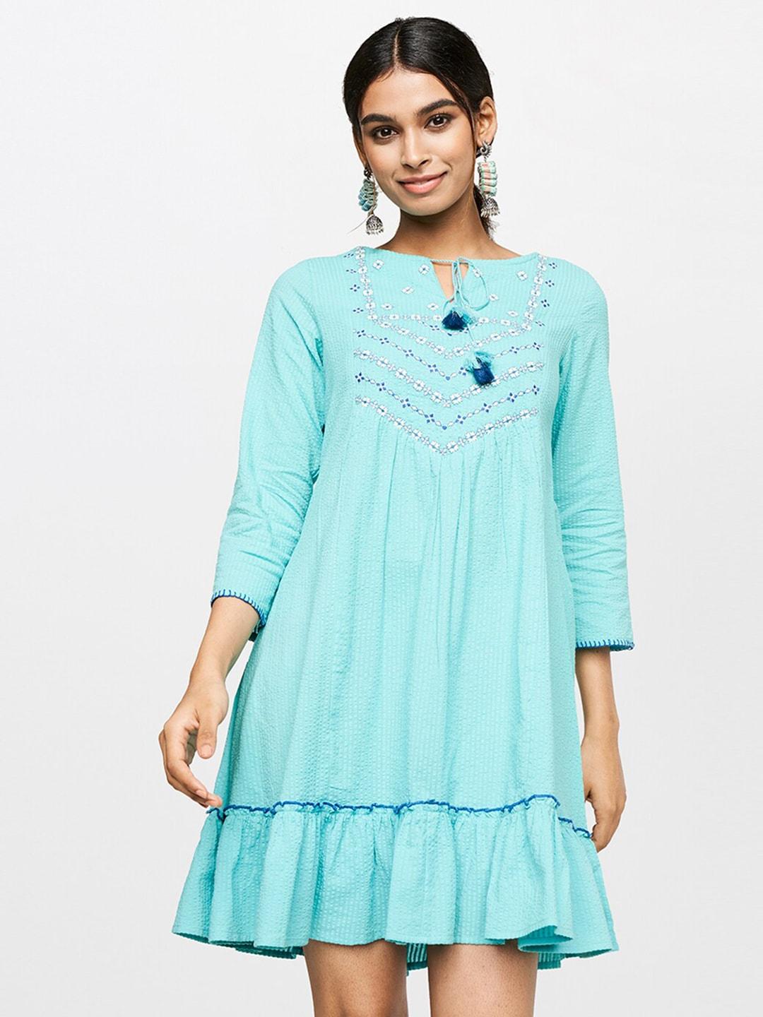 Global Desi Blue Tie-Up Neck Drop-Waist Pure Cotton Dress