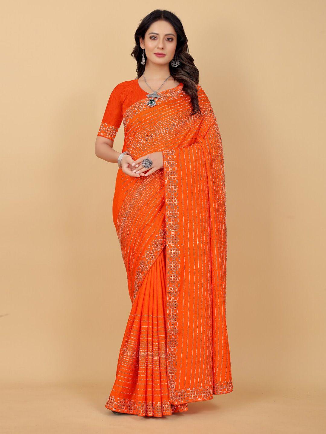 punyatha-creation-orange-&-silver-toned-embellished-sequinned-pure-silk-saree